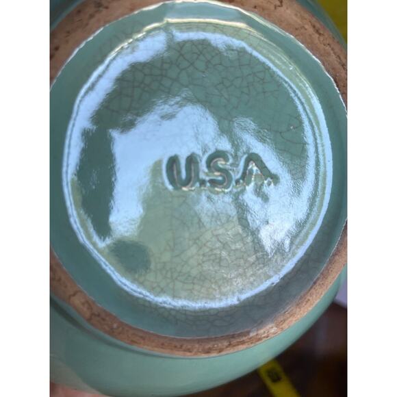 Vintage MCM Seafoam Green Drip Glaze Ceramic Decanter Vase Gold Foil Thread Neck - Picture 4 of 7